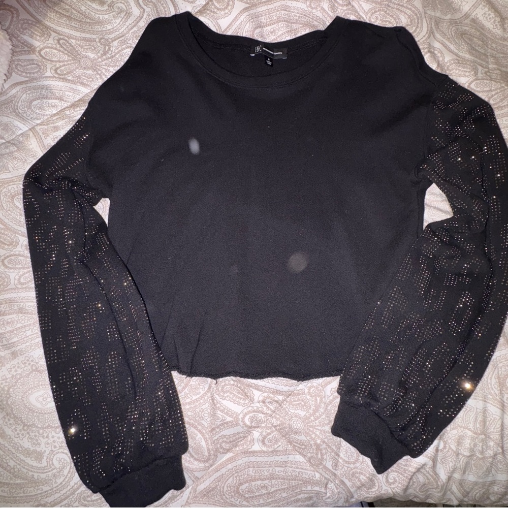 INC International Concepts Black Embellished Crop top Long Sleeved Sweatshirt